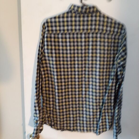 Banana Republic Men Untucked Navy Blue Yellow Plaid Slim Fit  Button Shirt M - Picture 3 of 5